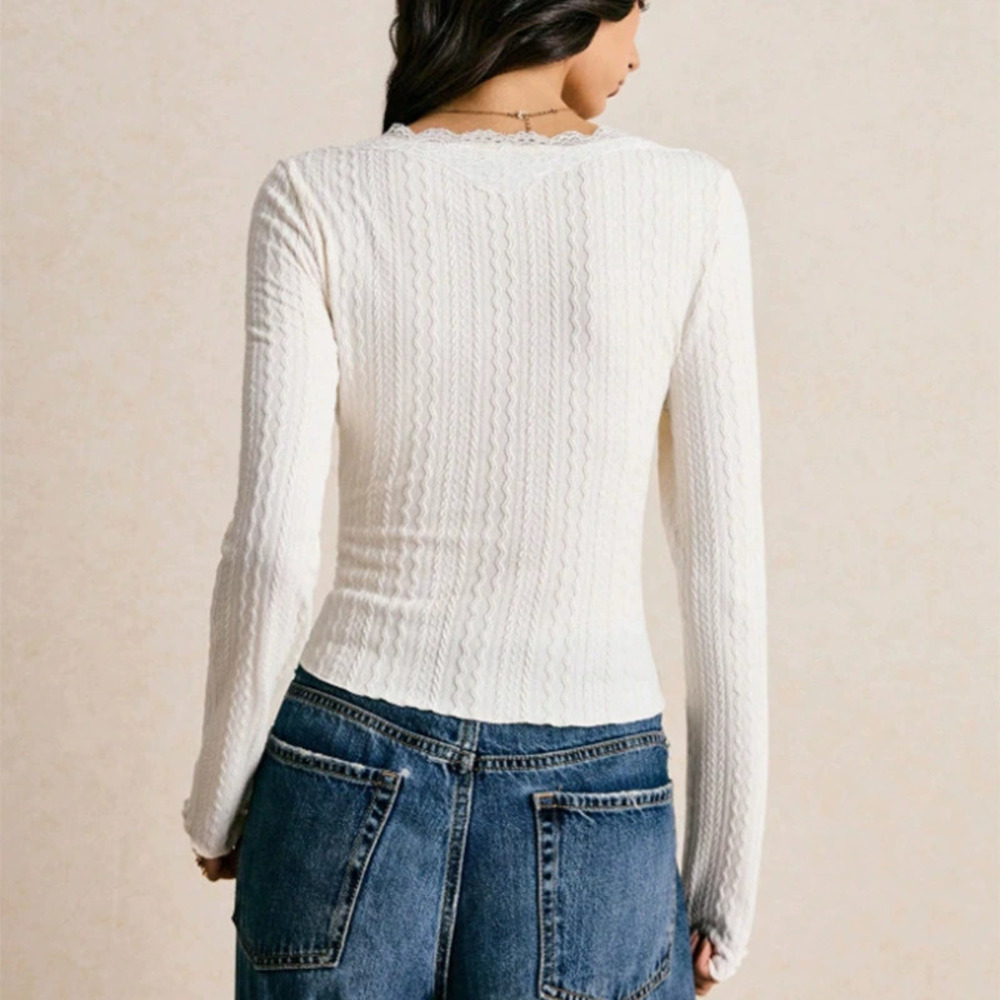 ZARA Women's Slim Fit Long Sleeve Lace Collar Top Autumn Winter Layering
